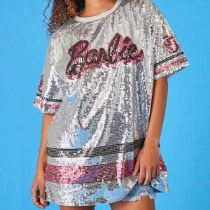 NWT! Barbie X Forever 21 Silver Pink Sequin Mini T-Shirt Dress Medium Jersey M